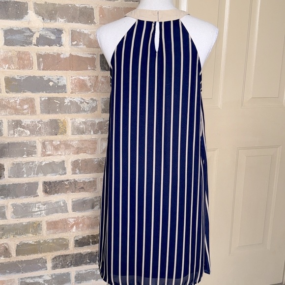 Ya Los Angeles Elegant Navy and Tan Striped Halter Dress Sz S - Picture 3 of 12